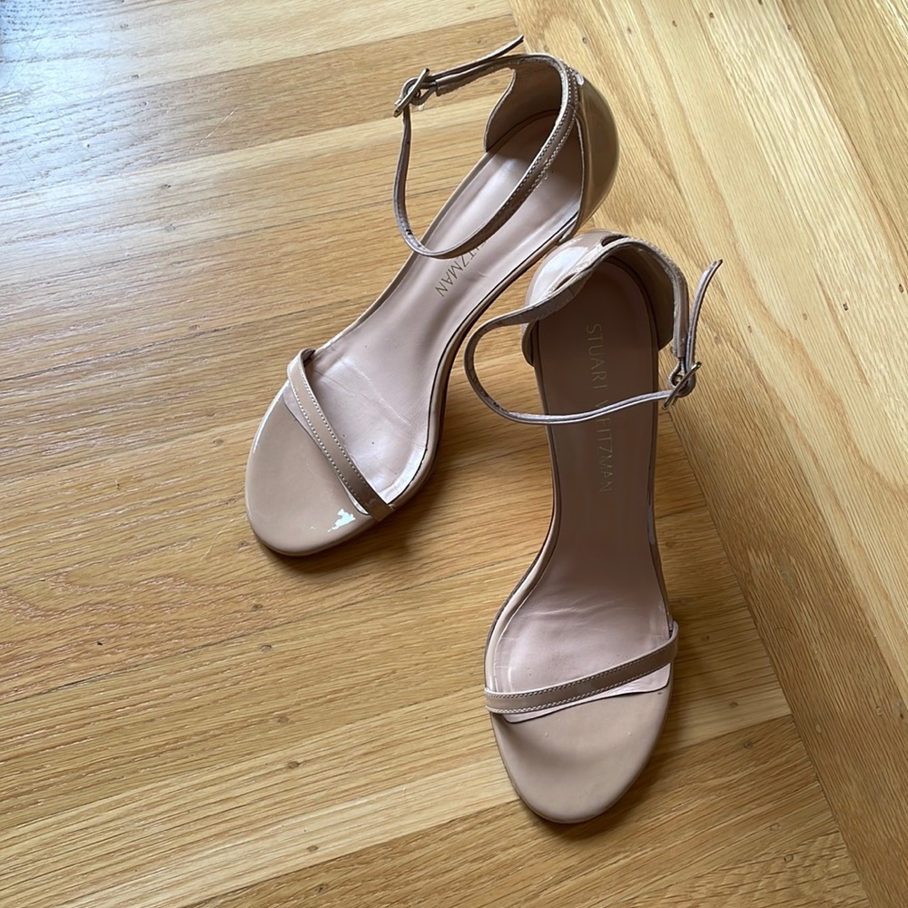 Stuart Weitzman Nudistsong Patent Ankle-Wrap High-Heel Sandals - Made in Spain